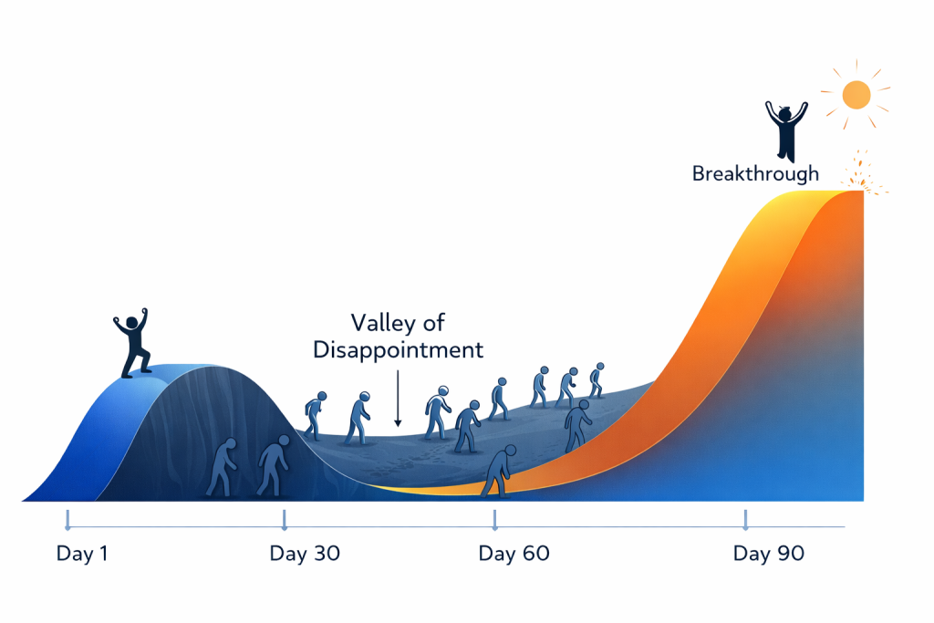 Ilustrasi Valley of Disappointment dalam Atomic Habits menunjukkan fase kritis
di mana hasil kebiasaan belum terlihat namun compound effect sedang bekerja
diam-diam sebelum breakthrough eksponensial terjadi