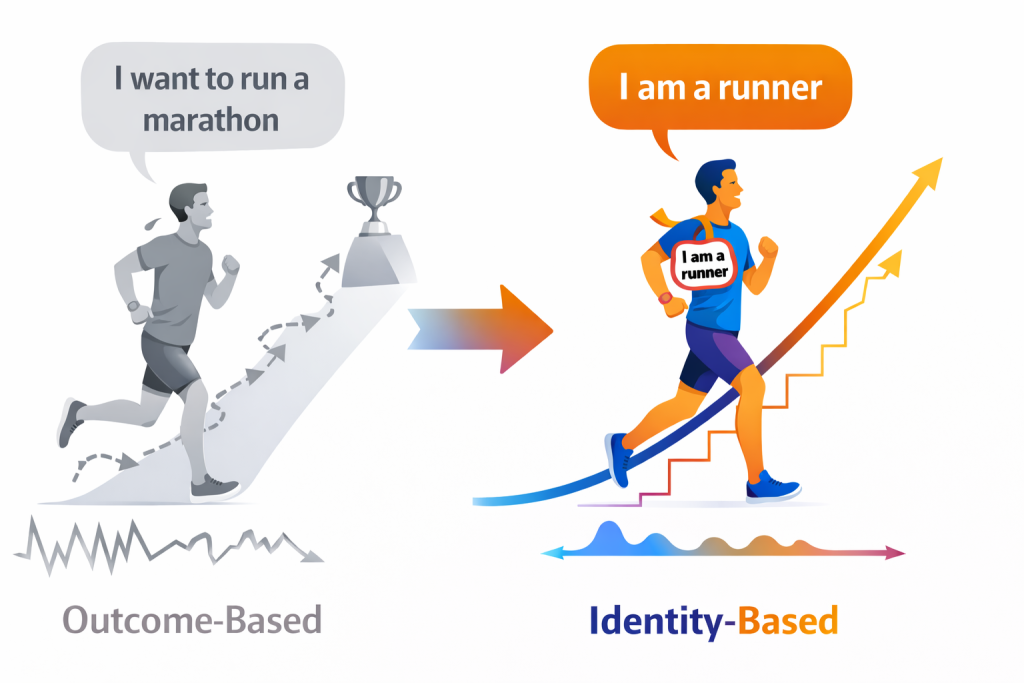 Perbandingan outcome-based goals versus identity-based habits: fokus pada
siapa Anda menjadi bukan apa yang ingin dicapai menghasilkan perubahan lebih
berkelanjutan menurut prinsip Atomic Habits James Clear