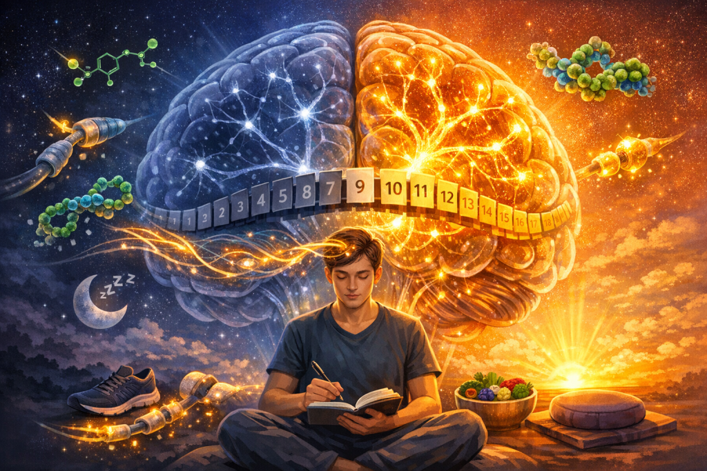Ilustrasi transformasi otak melalui neuroplasticity 21 hari menunjukkan jalur 
saraf lemah berubah menjadi koneksi kuat dengan dopamin BDNF dan mielinisasi 
melalui pengulangan konsisten berbasis neurosains Singh 2024 Healthcare Journal