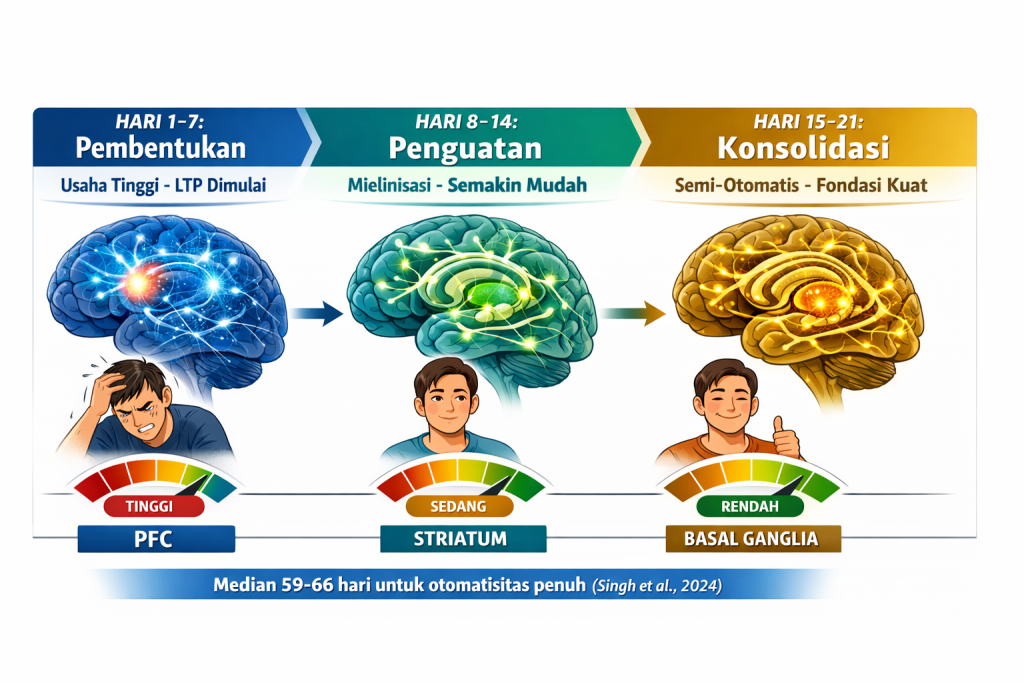 Timeline tiga fase neuroplasticity 21 hari: hari 1-7 pembentukan LTP dengan 
prefrontal cortex aktif, hari 8-14 penguatan mielinisasi jalur saraf, hari 15-21 
konsolidasi semi-otomatis dengan striatum basal ganglia berdasarkan Khurana 2025
