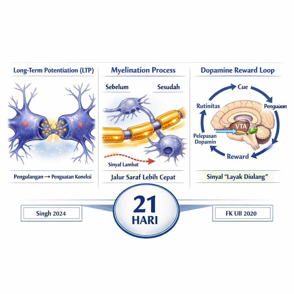 Tiga mekanisme biologis neuroplasticity: Long-Term Potentiation penguatan sinaps, 
mielinisasi mempercepat transmisi sinyal, dan dopamine reward loop mengkodekan 
kebiasaan baru berdasarkan FK UII 2020 dan Khurana 2025 neuroscience research