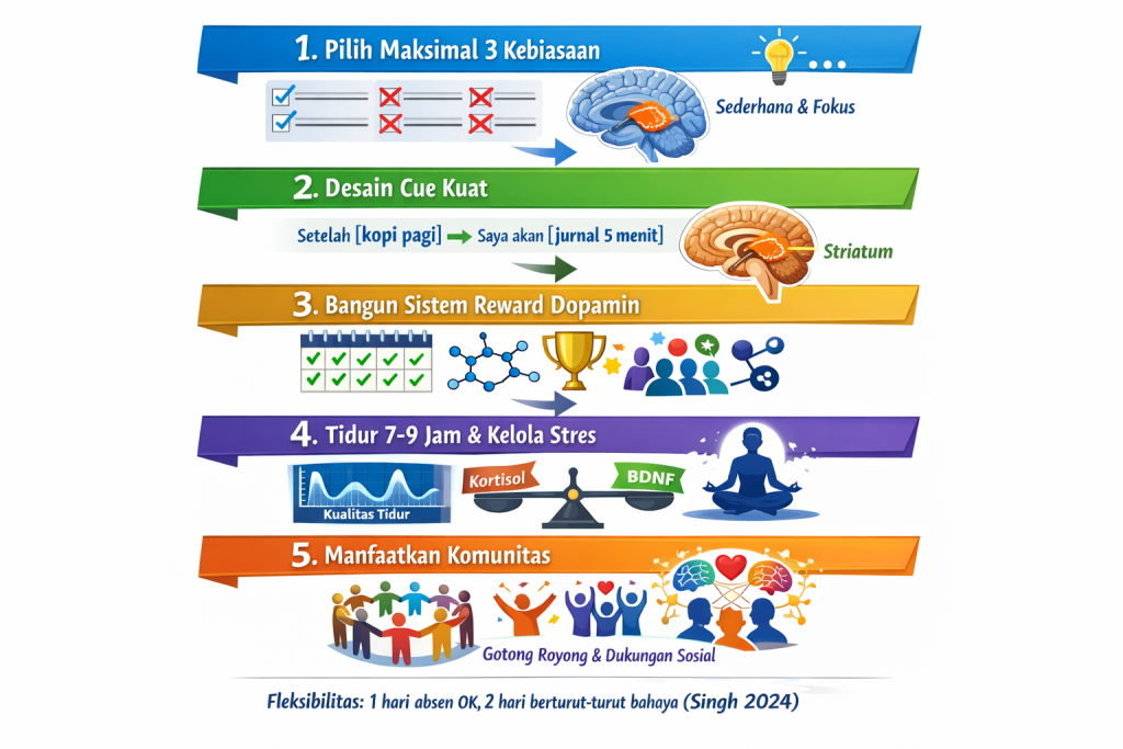Lima langkah praktis protokol neuroplasticity 21 hari: pilih maksimal tiga 
kebiasaan, desain cue kuat untuk striatum, reward dopamin konsisten, tidur 7-9 
jam tingkatkan BDNF, manfaatkan komunitas gotong royong Indonesia Singh 2024