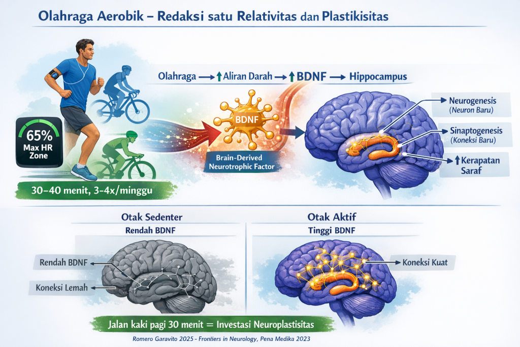 Ilustrasi hubungan olahraga aerobik dengan neuroplasticity menunjukkan exercise 
30-40 menit zona 60-70 persen HR meningkatkan BDNF protein kunci neurogenesis 
dan synaptogenesis di hippocampus berdasarkan Romero Garavito 2025 Frontiers 
Neurology