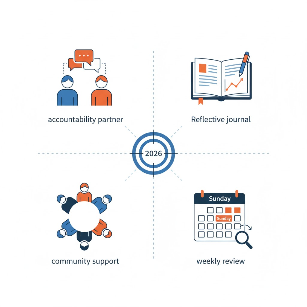 Empat bentuk sistem akuntabilitas efektif untuk inspirasi pribadi 2026: 
accountability partner, jurnal reflektif harian, komunitas bertujuan sama, 
dan review mingguan terjadwal berdasarkan riset Upskillist 2025