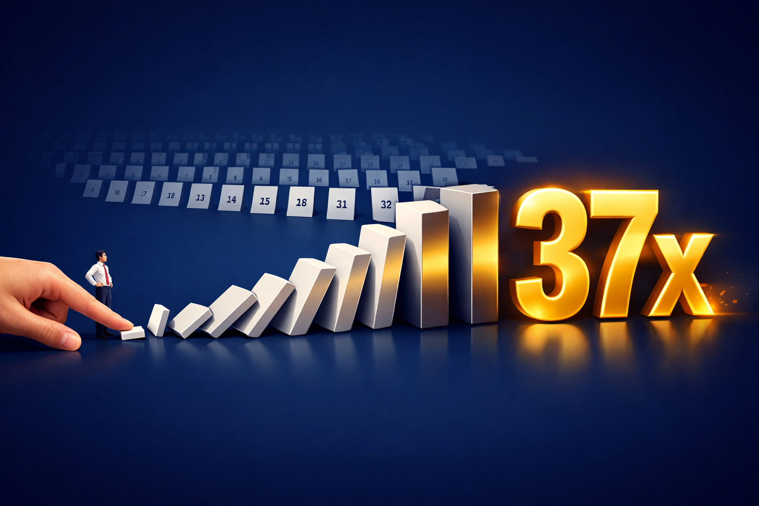 Ilustrasi konsep Atomic Habits menunjukkan efek domino 1 persen peningkatan harian yang menghasilkan 37 kali lipat pertumbuhan dalam setahun melalui compound effect berdasarkan prinsip James Clear