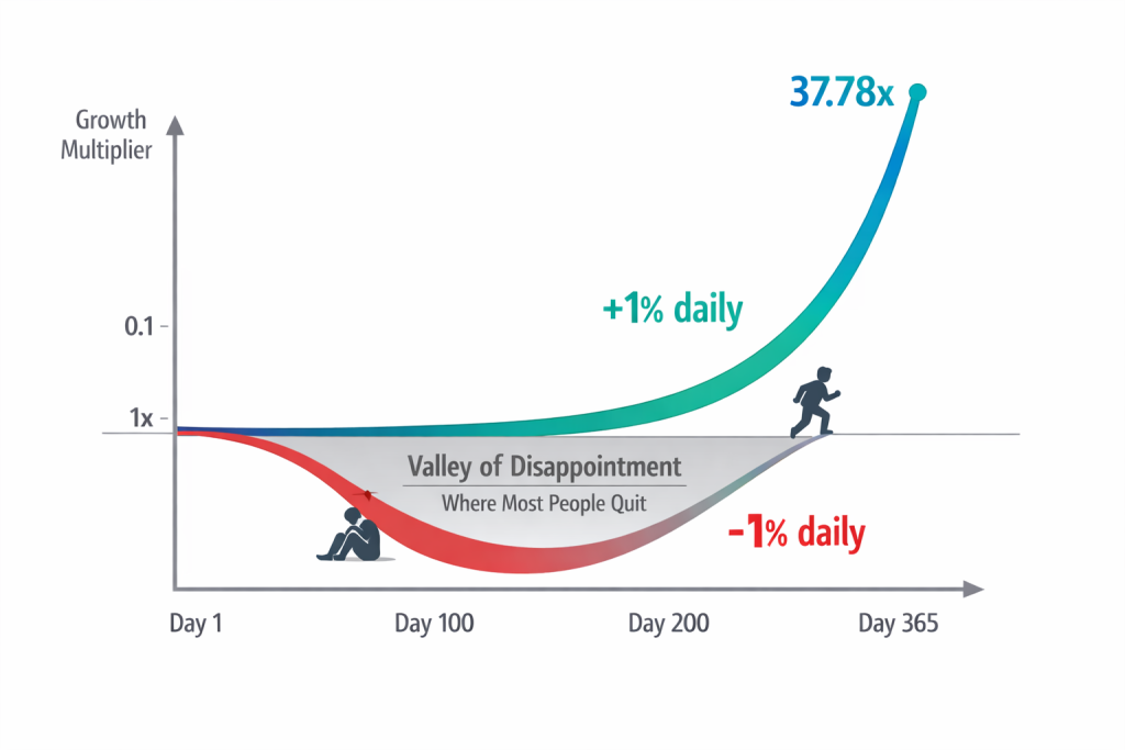 Grafik compound effect Atomic Habits: peningkatan 1 persen setiap hari
menghasilkan 37,78 kali lipat pertumbuhan versus penurunan 1 persen mendekati
nol, dengan valley of disappointment di tengah perjalanan