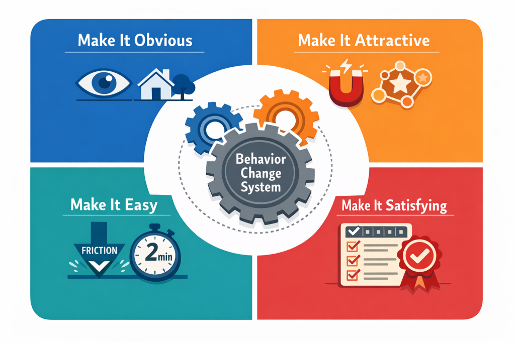Infografis Four Laws of Behavior Change dari Atomic Habits: Make It Obvious,
Make It Attractive, Make It Easy, Make It Satisfying sebagai kerangka praktis
membangun kebiasaan baik dan menghancurkan kebiasaan buruk