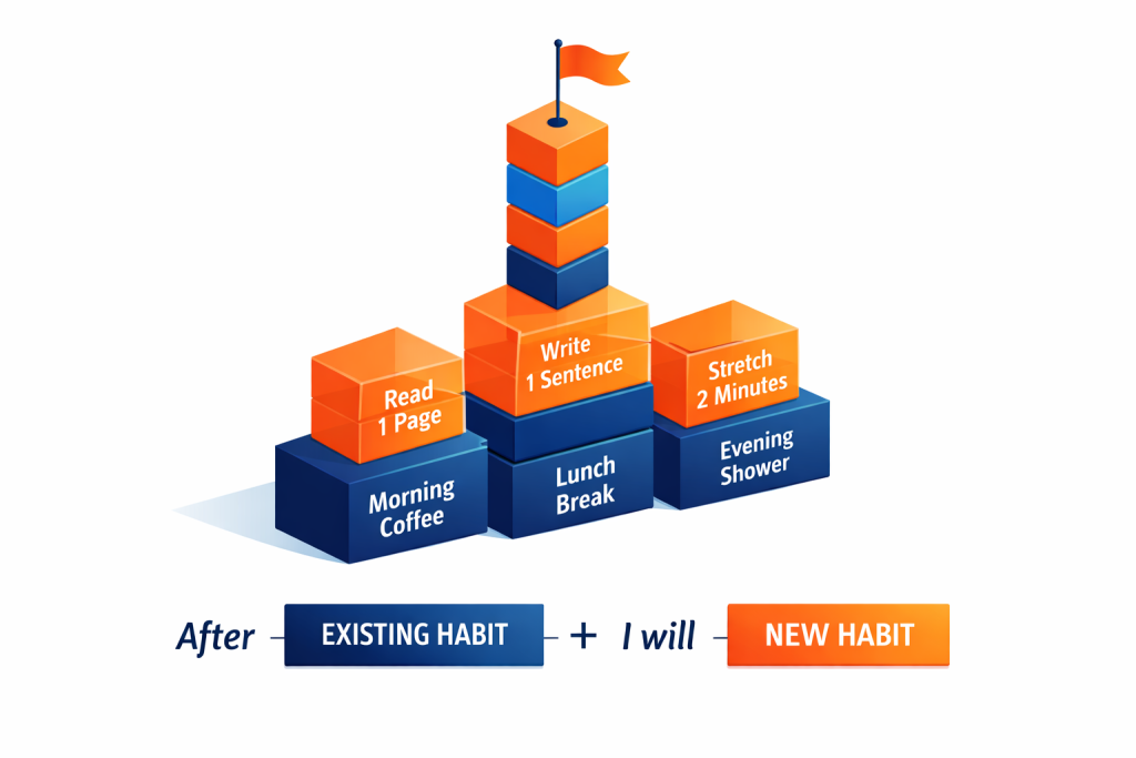 Ilustrasi habit stacking menumpuk kebiasaan baru di atas rutinitas existing
dengan formula after existing habit I will new habit untuk membangun sistem
kebiasaan organik tanpa memaksa jadwal baru