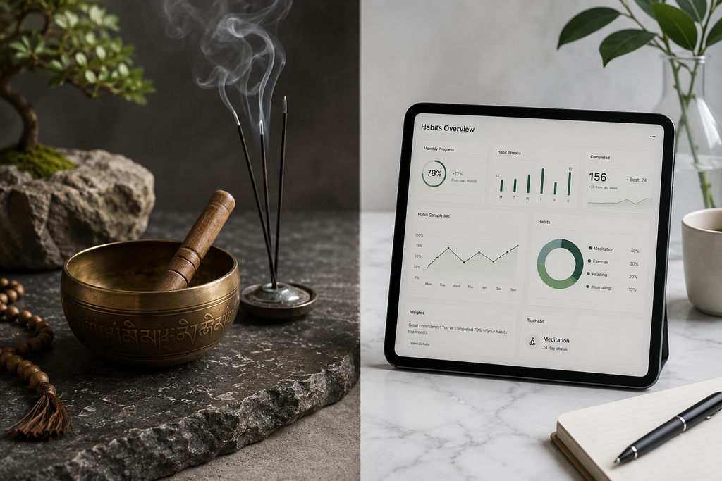 Ternyata AI Kini Jadi Pilihan Self-Improvement Selain Meditasi 4 Komparasi visual antara instrumen meditasi mindfulness tradisional dan aplikasi pelacak kebiasaan digital.