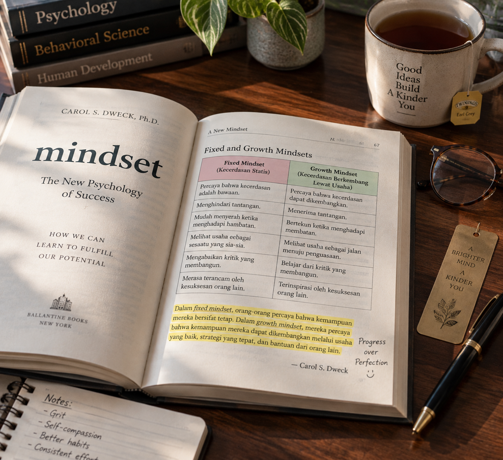 Buku Mindset karya Carol Dweck terbuka di meja perpustakaan membedah konsep fixed mindset versus growth mindset.