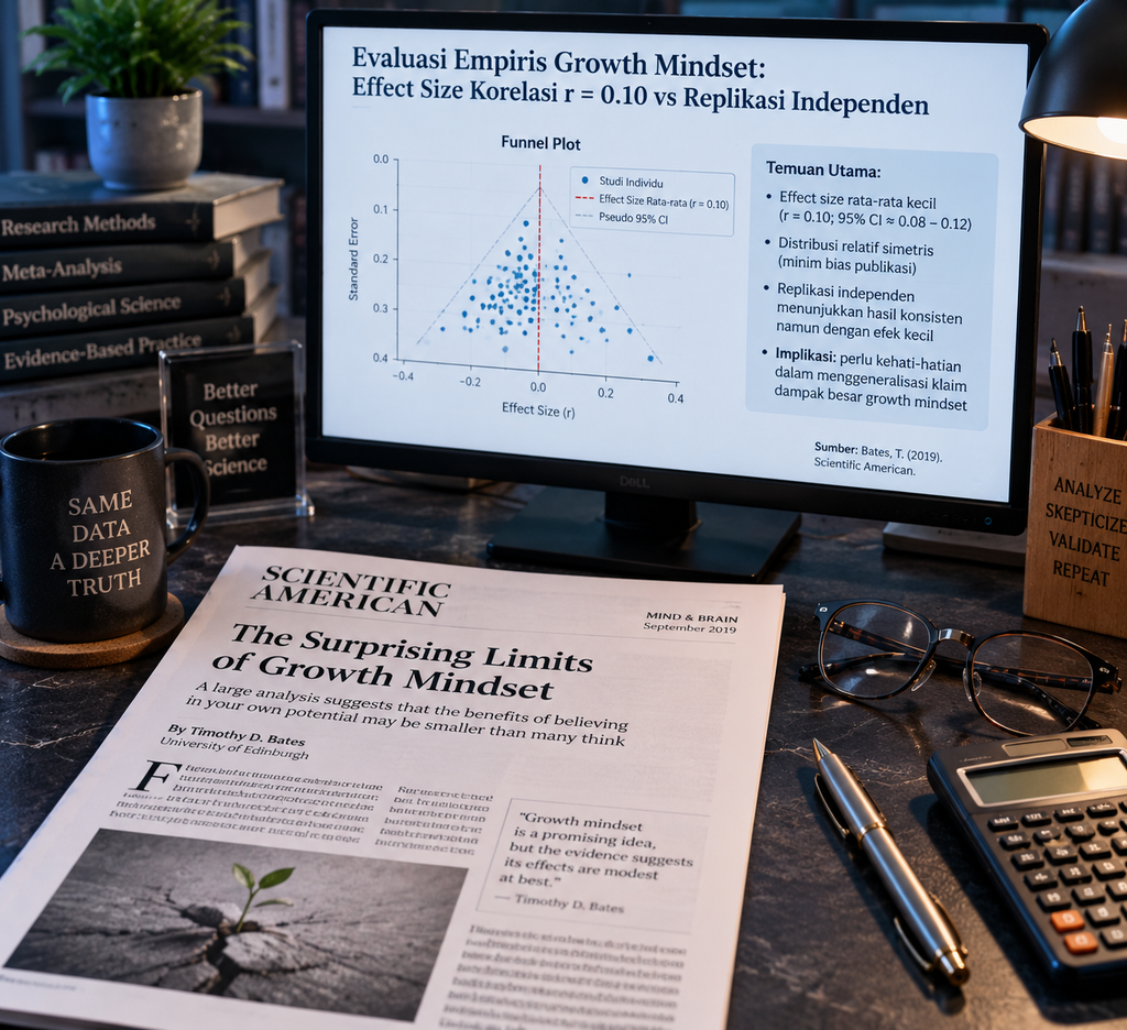 Grafik meta-analisis ukuran efek korelasi growth mindset r=0.10 pada layar monitor laboratorium statistika.