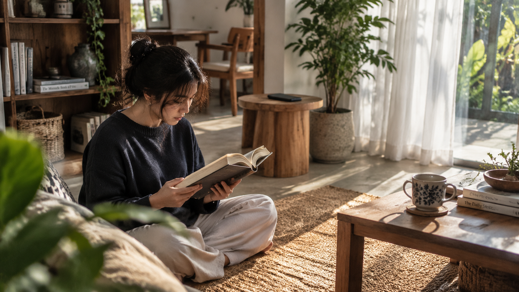Prinsip Slow Living Bantu Redakan Kecemasan Harian 2 Penerapan prinsip slow living dengan membaca buku fisik secara sadar untuk meredakan stimulasi berlebih dan kecemasan harian.