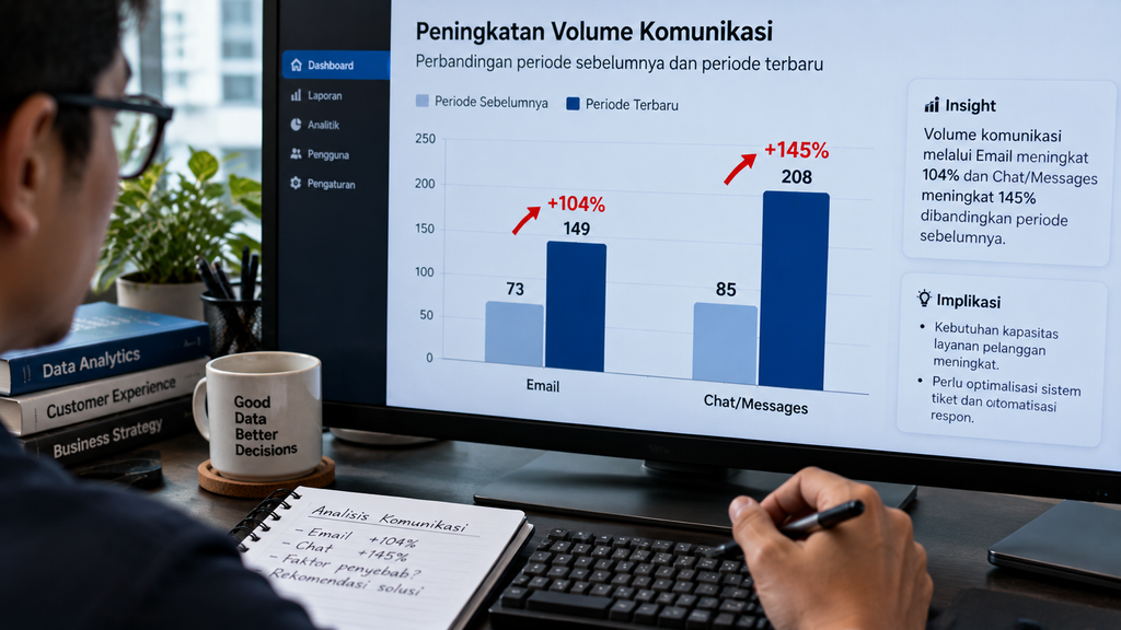 Layar monitor menampilkan grafik batang studi ActivTrak yang menunjukkan peningkatan drastis waktu yang dihabiskan untuk email dan chat setelah adopsi AI.