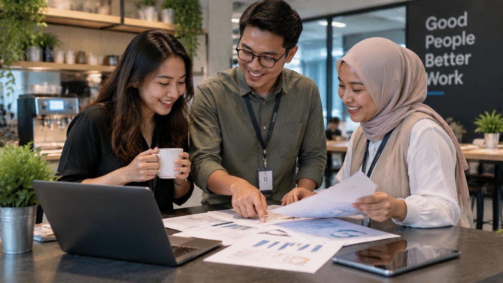 Sekelompok pekerja kantor yang terlihat bahagia dan berenergi mendiskusikan hasil positif dari sistem empat hari kerja di ruang istirahat.