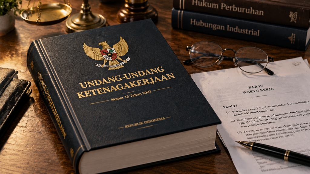 Buku resmi Undang-Undang Ketenagakerjaan dan UU Cipta Kerja Republik Indonesia di atas meja kayu ruang HRD.