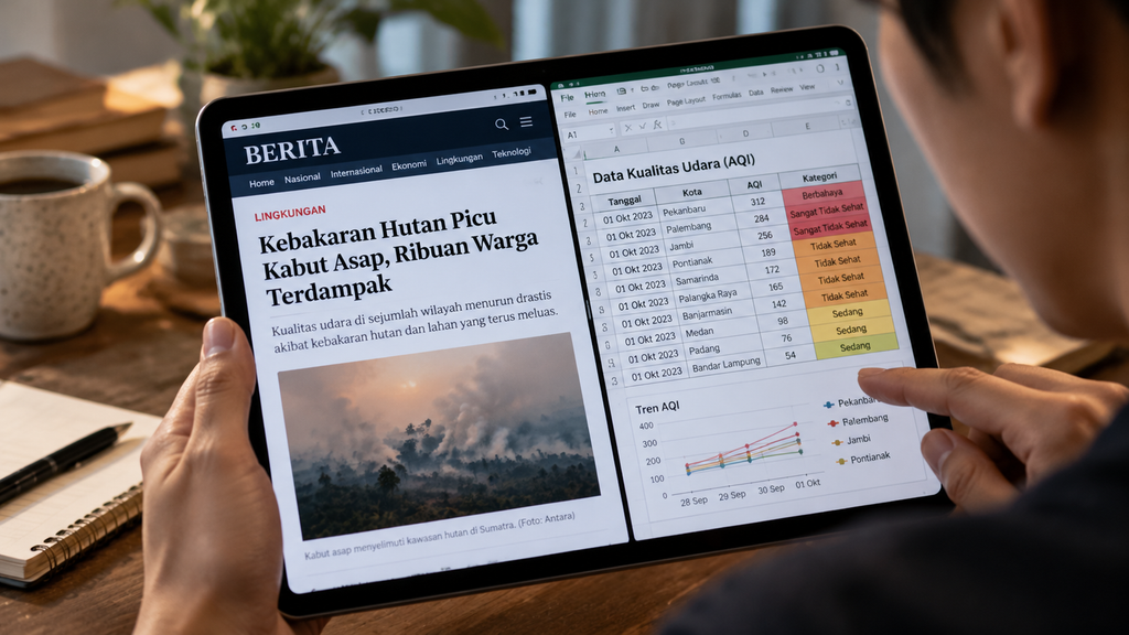 Seseorang secara kritis membandingkan klaim berita dengan data penelitian yang sebenarnya pada layar komputer tablet.