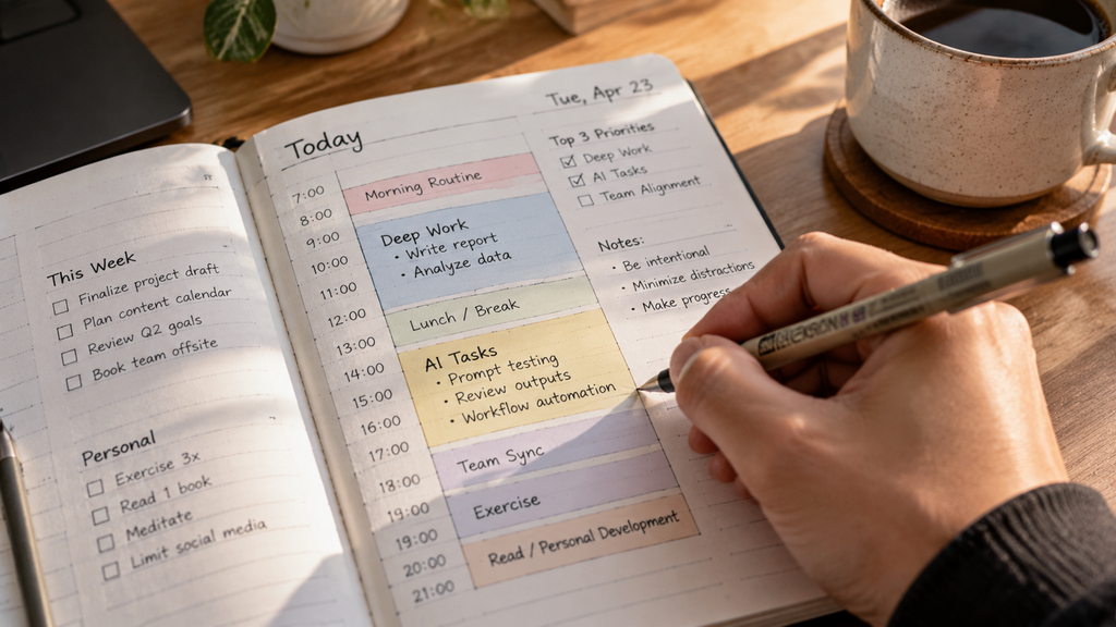 Tangan seseorang mencatat jadwal harian menggunakan metode 'time blocking' dan Eisenhower Matrix di buku agenda untuk meningkatkan produktivitas.