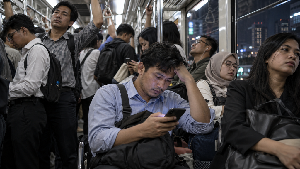 Jangan Remehkan Kelelahan Kerja, Tiga Dampaknya Mengintai Pekerja 3 Suasana pekerja komuter perkotaan menunjukkan raut keletihan saat perjalanan pulang kereta malam hari.