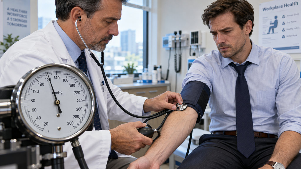 Jangan Remehkan Kelelahan Kerja, Tiga Dampaknya Mengintai Pekerja 4 Dokter memeriksa tekanan darah pekerja kantoran yang mengalami gejala hipertensi akibat jam kerja panjang.