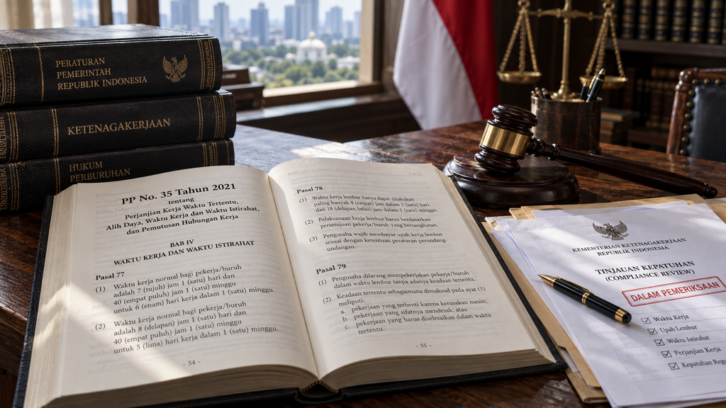 Jangan Remehkan Kelelahan Kerja, Tiga Dampaknya Mengintai Pekerja 7 Buku perundang-undangan hukum ketenagakerjaan PP No 35 Tahun 2021 di meja pengacara dengan palu sidang kayu.